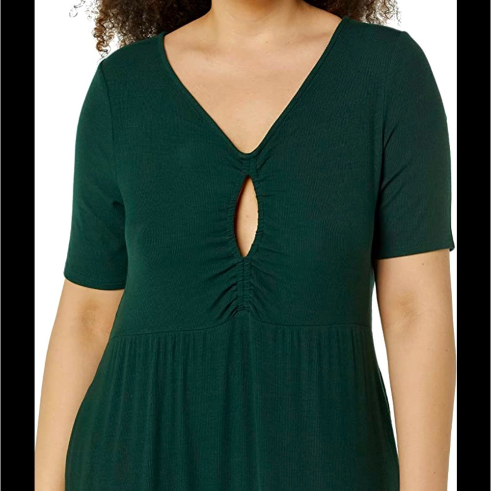 Daily Ritual Women's Fine Rib Ruched Keyhole Dark Green Fall Winter Dress - Picture 2 of 3